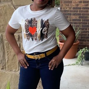 White tee with animal print and heart logo